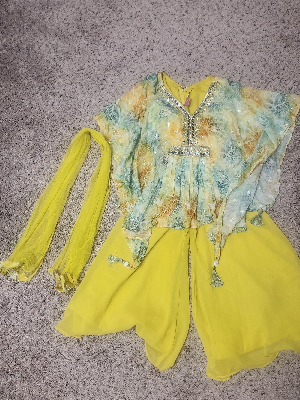 Indian Girls Yellow & Aqua Mixed-Print Tunic Set